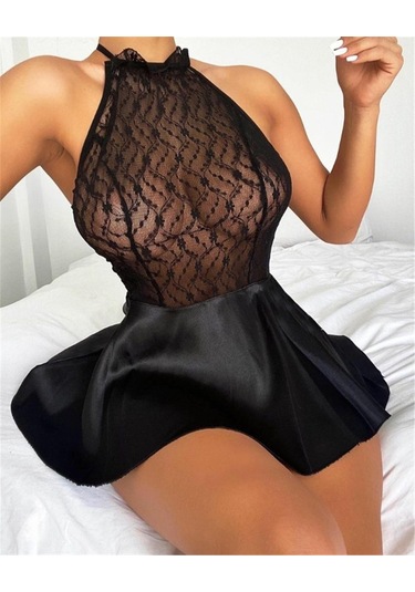 Nightlight Kadın Siyah Dantelli Kısa Saten Tül Gecelik 3143 Siyah