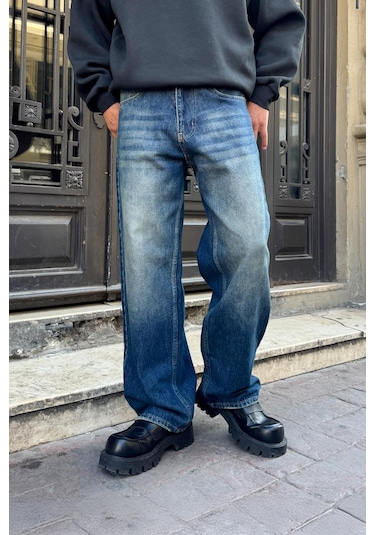 Flaw Yıkamalı Çizgili Baggy Jean Mavi Mavi