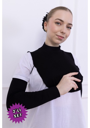 Boyunluk Ve Kolluk Seti Siyah - Balıkçı Yakalı Kadın Tesettür Penye Yarım Body Namaz Kolluğu Hijab Siyah