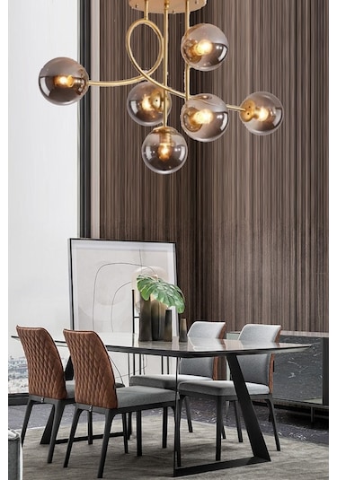 Eva Modern Tarz Eskitme Füme Ithal Camlı Altılı Avize . Eskitme