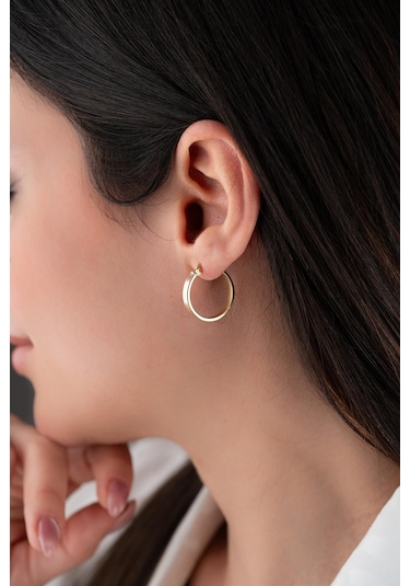 925 Ayar Gümüş Gold Kaplama Düz Sade 20 Mm Halka Şarnel Küpe Gold