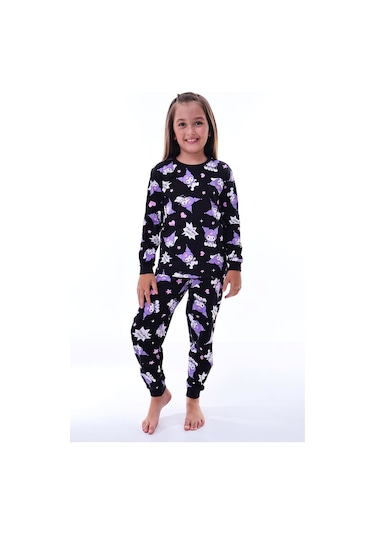 2'li Sevimli Sky Ve Mixed Kuromi Desenli Kız Çocuk Pijama Takımı Siyah