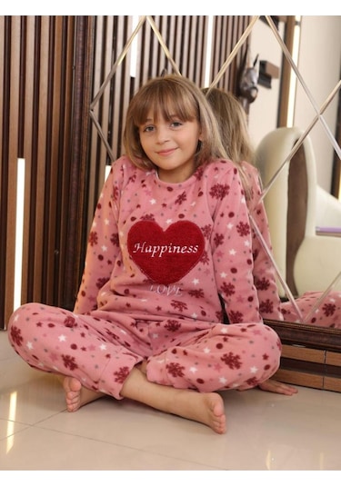 Fames Pijama Happiness Çocuk Polar Kışlık Pijama Takımı. 5-6-7-8-9-10 Yaş Pembe