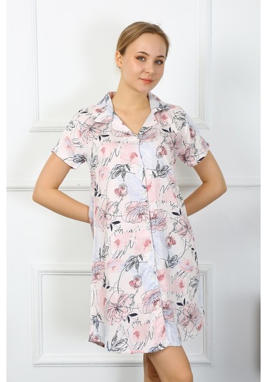 Akbeniz Kadın Penye Kısa Kol Düğmeli Somon Tunik Gecelik 13104-somon Somon