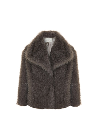 Sateen Geniş Yakalı Simli Kürk - Füme-136719 Füme