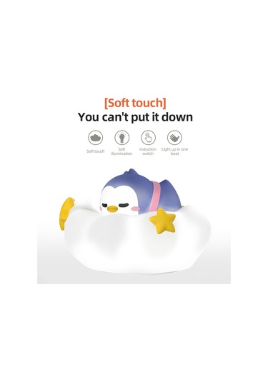 Aubyhe Qqfamily Bulut Şekilli Silikon Gece Lambası, Led Işık, Dokunmatik Kapatma, Mikro Usb Şarj, Yumuşak Aydınlatma, Peluş Berber Ve Penguen Figürleriyle Hediye, Beyaz-mor Çok Renkli