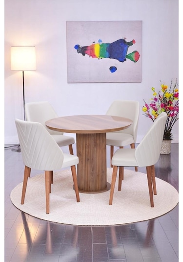 Bohem Ihlamur Yuvarlak Lak Panel Mutfak Masa Takımı 100cm Ceviz