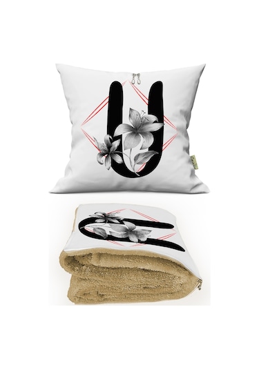 U HARFİ Baskılı Kişiye Özel Opsiyonel Battaniyeli Yastık Kırlent 2 in 1