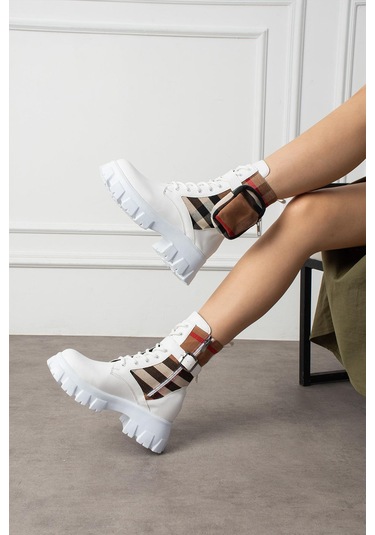 Shoetek Lorbi Kadın Bot Çantalı Postal Ekoseli Kumaşlı Beyaz Deri Beyaz