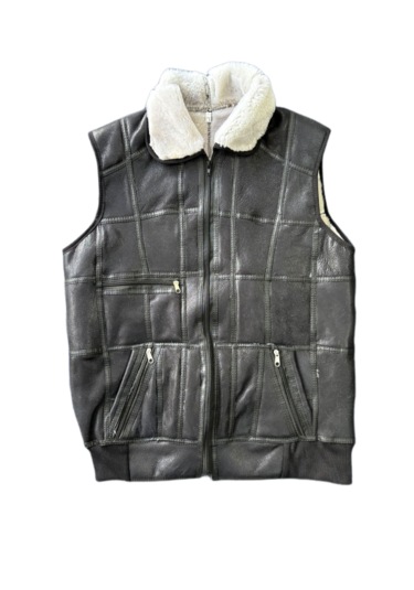 Patchwoork İçi Dışı Gerçek Deri Yakalı Beli Trikolu Yelek Siyah