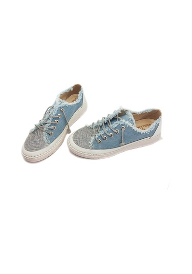 Mavi Renk Taşlı Düz Taban Kadın Kot Sneakers Mavi