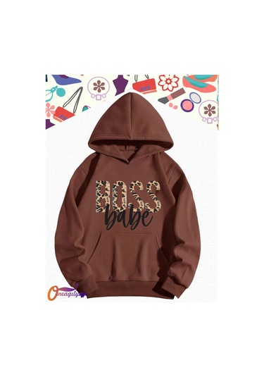 Boss Leopar Kadın Sweatshirt Hoodie Kahverengi