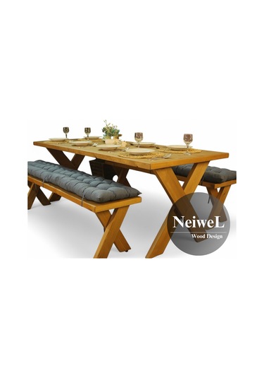 Neiwel Rane Doğal Ahşap Banklı Yemek Masası Takımı-80-200 Takım Açık Ceviz