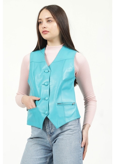 Dericlub Dc-001 Hakiki Deri Kadın Yelek Turkuaz