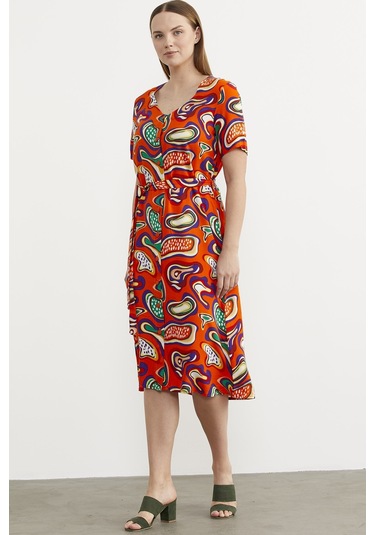 Önden Düğmeli Desenli Viskon Elbise - Oranj 001