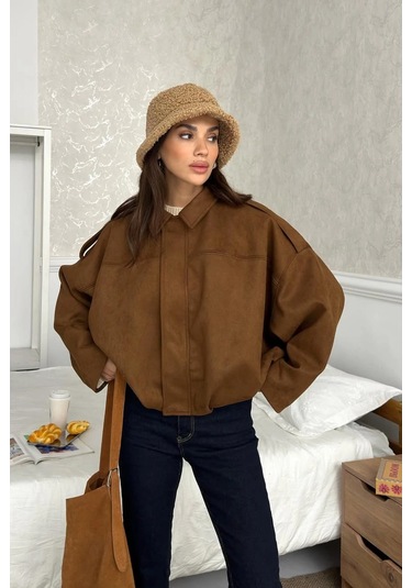 Cemo Basic Crop Gömlek Ceket Shacket Camel Basic, Crop, Gömlek Kahve