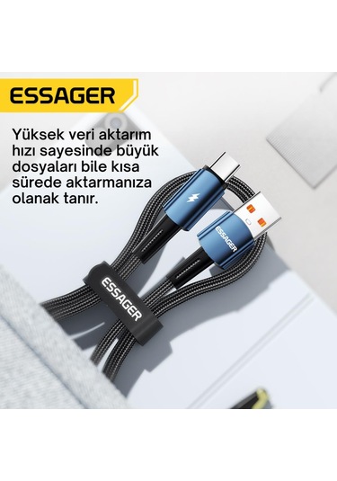 Essager 1 Metre 120w 6a Pd3.1 Usb To Type-c Mega Hızlı Data Şarj Kablosu, Ultra Sağlam Halat Kablo Kopmaz