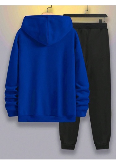 Fresh Eşofman Takımı Sweatshirt Jogger - Sax Mavi Siyah Baskılı Şardonlu Kapüşonlu Sax Mavi Siyah