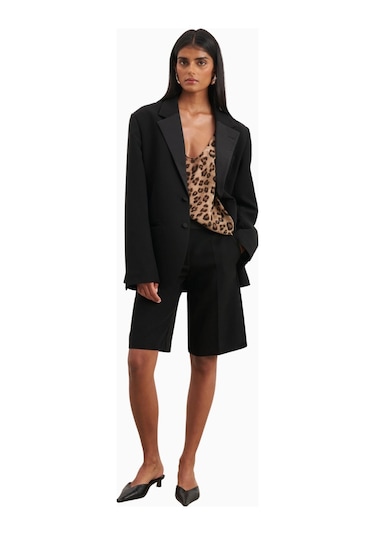 Because Of Alice Satin Detail Single Breasted Blazer Oversize Tek Düğmeli Kadın Ceket Siyah