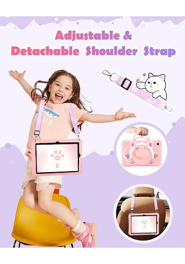 Fastbuy Samsung Galaxy Tab A9 Plus Uyumlu Pembe Silikon Yumuşak Kapak Döner Ayaklı Askılı Tellili Kılıf