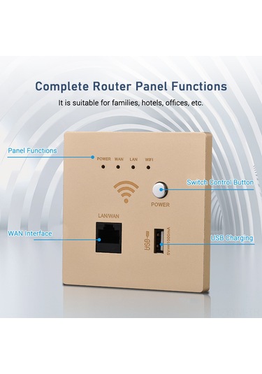Geeksen Duvar Gömülü 300m Wifi Ap Router - Usb Şarjlı Çıkışlı, Şampanya Altın Rengi