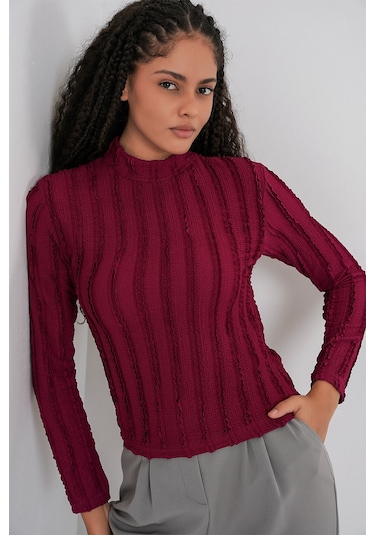 Kadın Dokulu Esnek Örme Bluz 975 - Bordo bordo