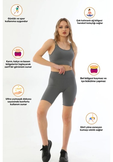 Yeni Sezon Konfor Modeli Yüksek Bel Toparlayıcı Sıkılaştırıcı Fitilli Dizüstü Tayt Ve Büstiyer Gri
