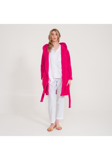 Welsoft Kapüşonlu Peluş Kadın Sabahlık Fuşya