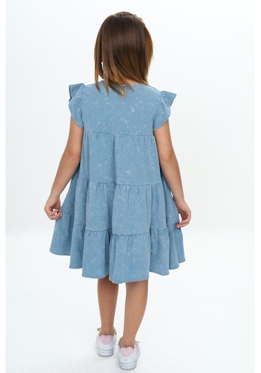 Toontoy Kız Çocuk Yıkamalı Elbise Mavi