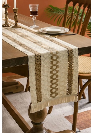 Pamuk Dantel Runner 35x145 Cm Masa Örtüsü Açık Kahve, Krem