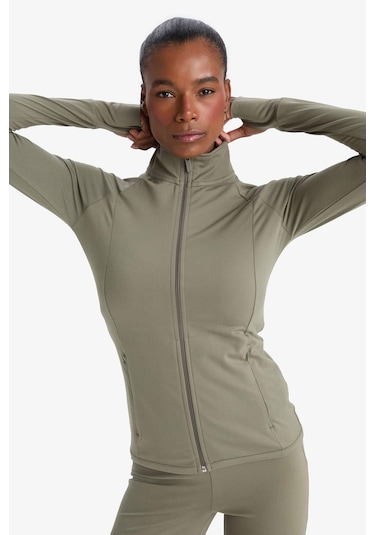 Defacto Defactofit Fitted Vücuda Oturan Ultra Soft Dik Yaka Çift Cepli Parmak Detaylı Fermuarlı Spor Hırka B3985ax25aukh422 Haki