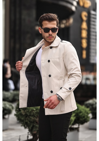 Mero Life Erkek Mevsimlik Astarlı Kemerli Kruvaze Trençkot - Taş  Rengi Taş