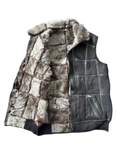 Patchwoork İçi Dışı Gerçek Deri Yakalı Beli Trikolu Yelek Siyah