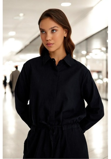 Yazlık Şık Beli Bağcık Detaylı Keten Elbise siyah