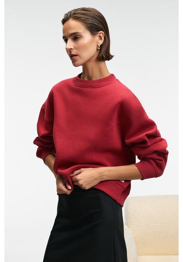 Grımelange Serenya Kadın Pamuklu Etiket Detaylı Bisiklet Yaka Kırmızı Sweatshirt Kırmızı