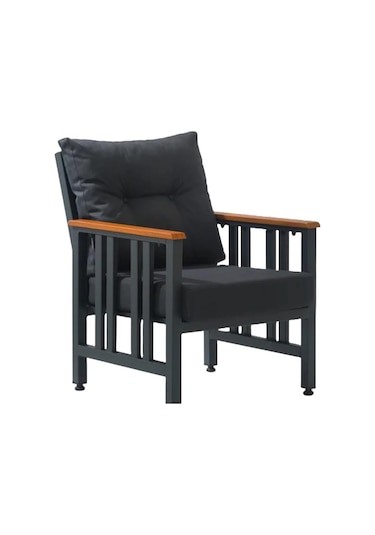 Çamlıca Alüminyum Tekli Koltuk -Ahşap Desenli Minderli - Bahçe Balkon Koltuğu Siyah