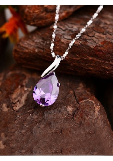 Brezza Lusso Jewelry Gümüş Mor Taşlı Su Damlası Kadın Kolye 45 CM