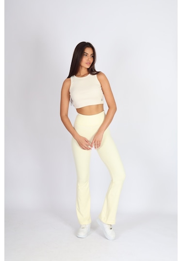 Soft&Basic Kadın Sarı İspanyol Paça Flare Yoga Tayt Pantalon Sarı