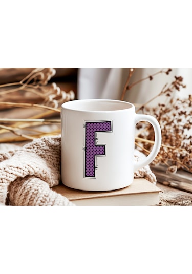 F Harfi Mor Puantiyeli Kupa Bardak - Polka Dot Tasarım Kahve Çay Bardak - Kişiye Özel Hediyelik Beyaz
