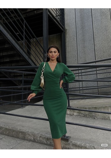 Tua Moda Kadın Kruvaze Yaka Balon Kol Simli Krep Kumaş Midi Boy Elbise Yeşil