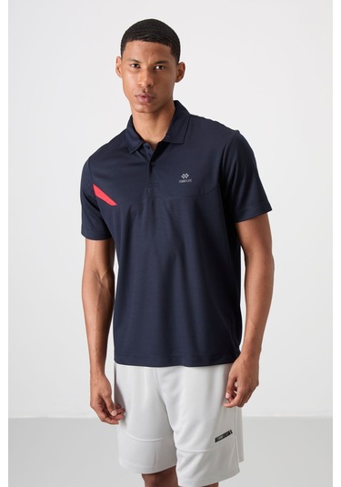 Lacivert Nefes Alan Dokulu İnce Esnek Standart Fit Polo Yaka Erkek Performans T-shirt - 88402 Lacivert