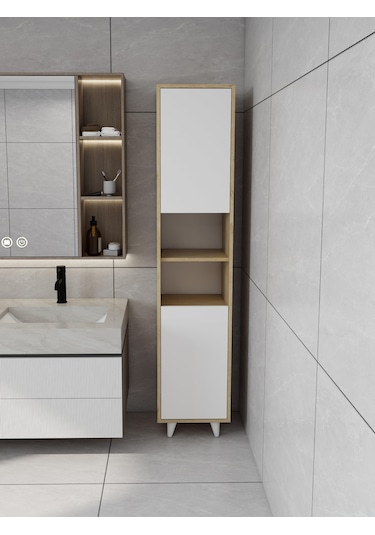 Riva Çamaşır Sepetli Banyo Dolabı Lefkaş Meşe Renk Meşe - Beyaz