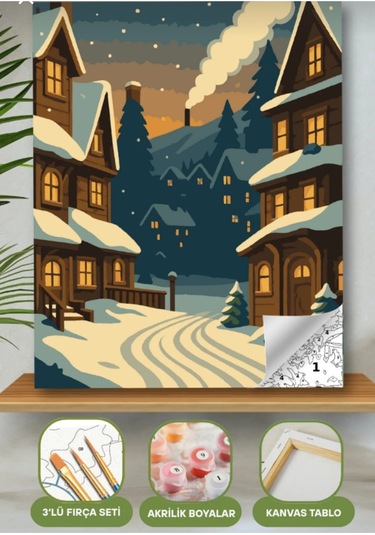 Denic Sayılarla Boyama Seti 40x50 Cm (Çıtalı) Fırça Boya Dahil Numaralı Tuval Kar Bina Manzara