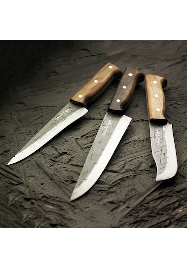 El Yapımı Dövme Çelik 3'lü Et, Kasap & Kurban Bıçağı Seti Ahşap