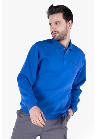 3 İplik Polo Yaka Fleto Cepli Sweatshirt Saks Mavi