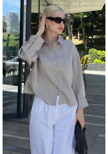 Madmext Gri Çizgili Oversize Kadın Gömlek Mg2093-gri Gri