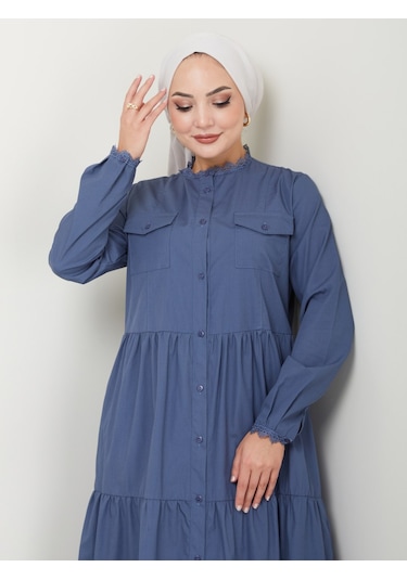Dantelli Doğal Kumaşlı Boydan Düğmeli Kot Elbise İndigo