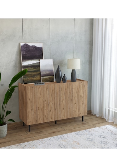 Demir Ayaklı Ahşap Görünümlü Mdf Çok Amaçlı 3 Kapaklı Konsol