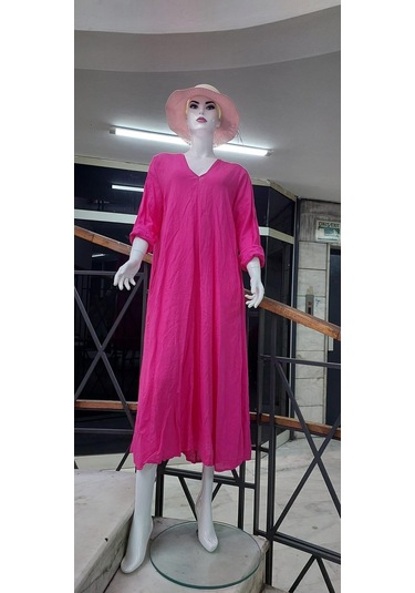 İtalyan V Yaka Uzun Kol Keten Elbise-8907 Pembe