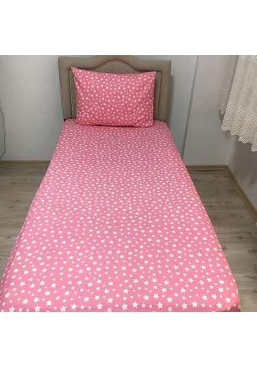 Tek Kişilik Ranforce Kumaş Lastiksiz Çarşaf Takımı Yıldız Pembe Pembe